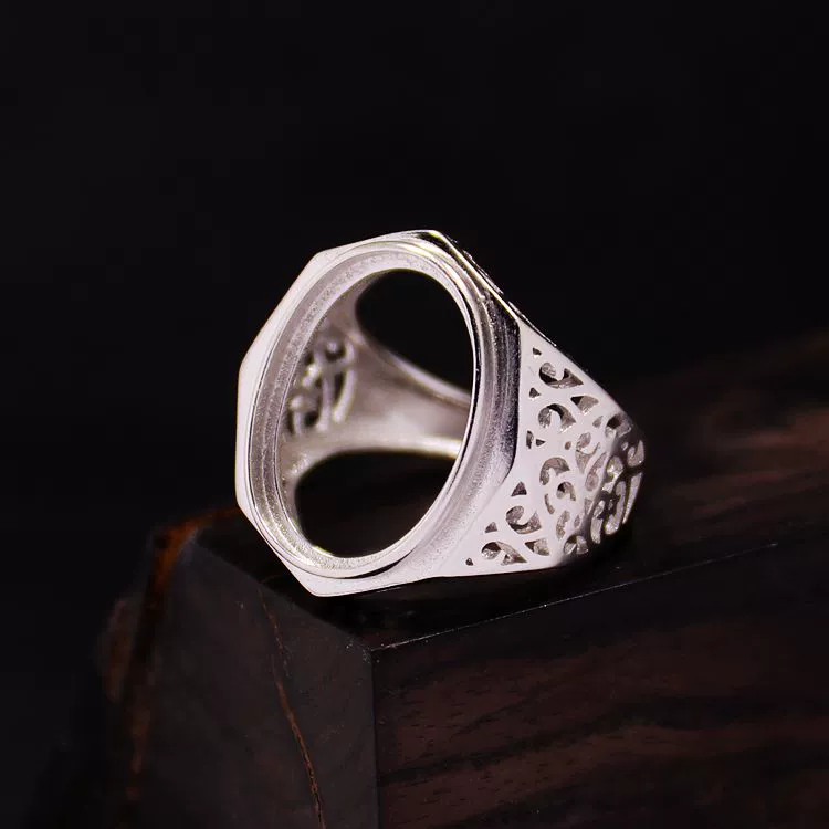 S925 Sterling Silver Ring Rỗng Thời trang Nam Rỗng Chủ bằng bạc Tự làm Sáp ong Màu ngọc lam khảm hổ phách Mở 14 * 19 - Nhẫn