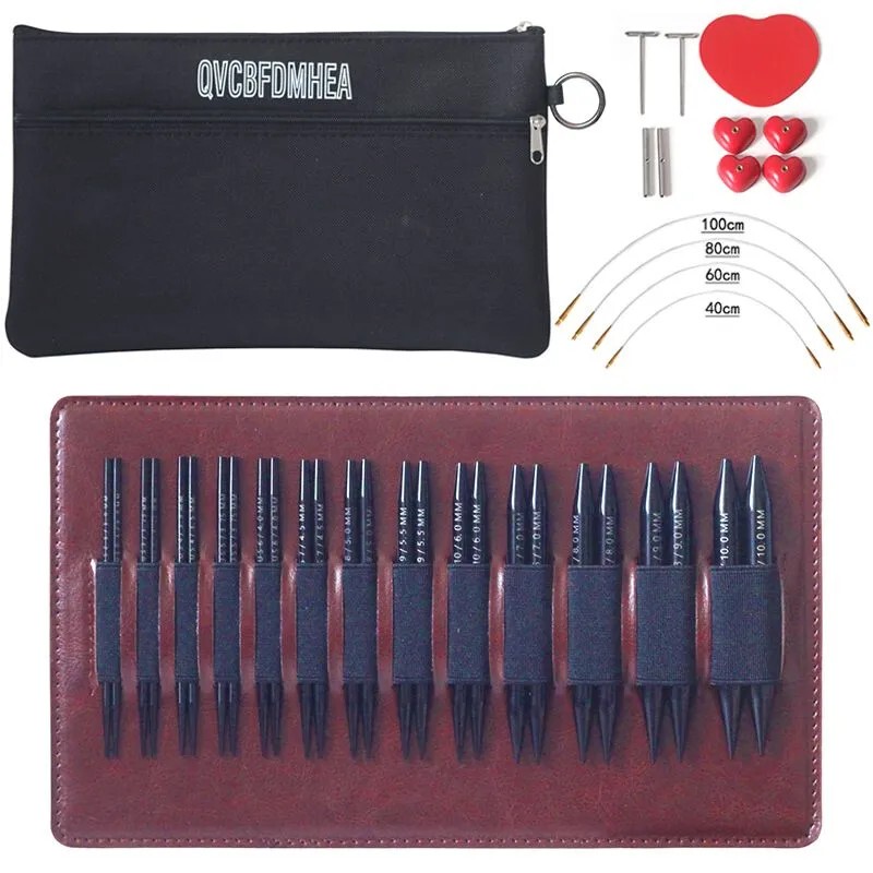 Qvcbf Black Aluminum Oxide 13-Piece Detachable Circular Knitting Needle Set Card-Type Needle Pack Sweater Needle Knitting Tools