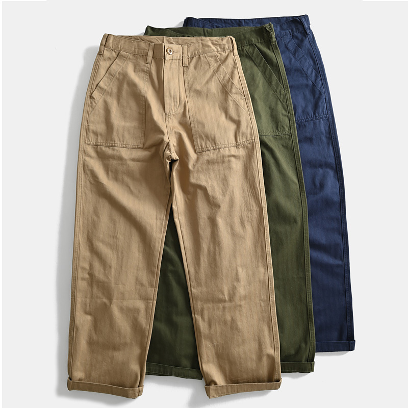 Pure Cotton Herringbone Loose Straight-Leg Cargo Pants American Deck Pants Men's Lumberjack Amekaji Casual Long Pants