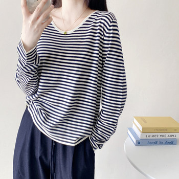 2025 early autumn new round neck thin striped long-sleeved sweater t-shirt sun protection clothing women's base sweater