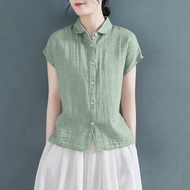 Short-Sleeved Shirt for Women, Summer Pure Cotton, Round Neck, Stylish Design, Loose Fit, Small Flutter Sleeves, Cotton-Linen Shirt, Plus Size, Slimming Top, Trendy