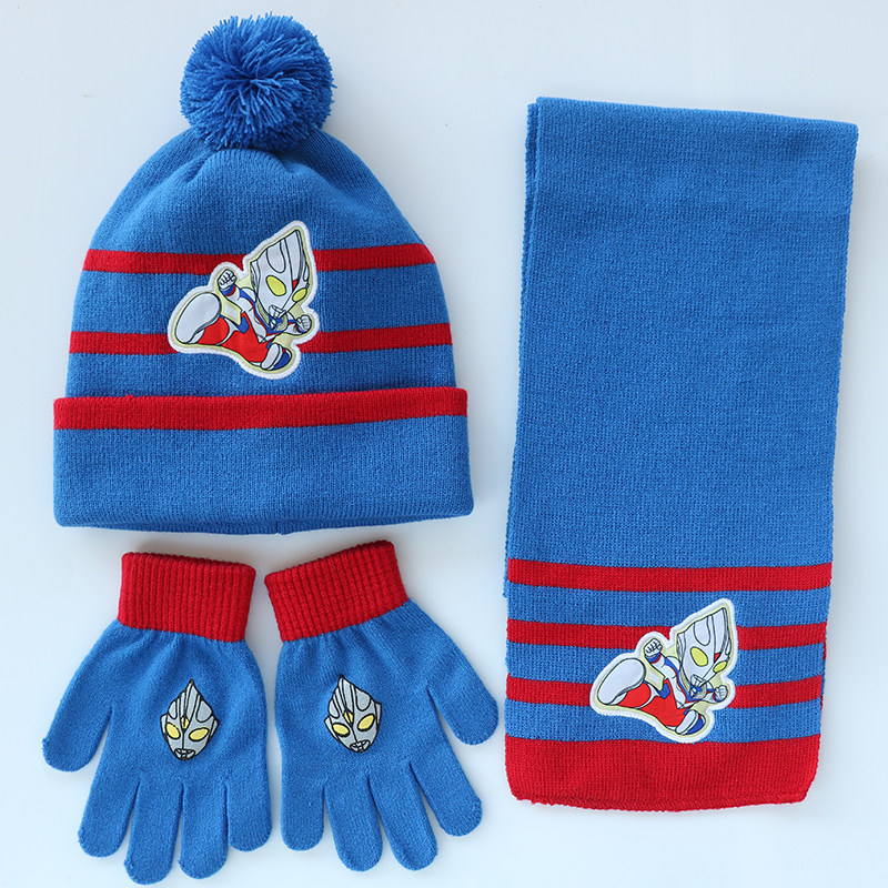 Autumn and winter children's Ultraman hat, scarf, gloves, boy, child, boy, superman, knitted wool hat, scarf
