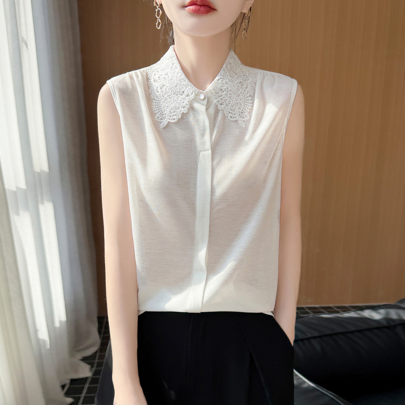 High-End Lace Lapel Sleeveless Shirt for Women, White Spring and Summer Suit Inner Layer, Knitted Vest Top