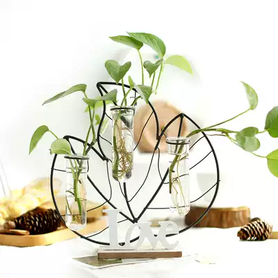 Nordic ins wrought iron geometric flower vase Transparent glass hydroponic drying vase Living room flower arrangement Home decoration ornaments