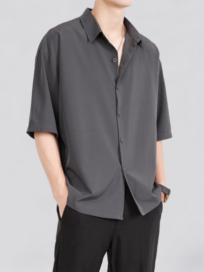 Hong Kong Style Drapey Ice Silk Shirt for Men, Short-Sleeved, Loose-Fitting, Black, High-End Feel, Summer Thin Style ins Cool and Casual Shirt