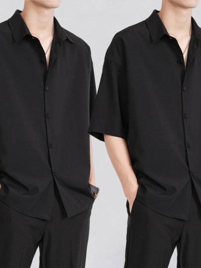 Hong Kong Style Drapey Ice Silk Shirt for Men, Short-Sleeved, Loose-Fitting, Black, High-End Feel, Summer Thin Style ins Cool and Casual Shirt