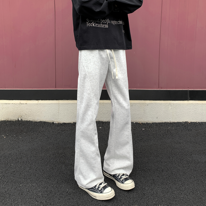 White Floral Gray Straight-Leg Curved Hem Sweatpants for Men, Autumn Drape High-Waisted Slimming Pants, American-Style Slanted Casual Flared Pants