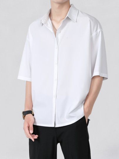 Hong Kong Style Drapey Ice Silk Shirt for Men, Short-Sleeved, Loose-Fitting, Black, High-End Feel, Summer Thin Style ins Cool and Casual Shirt