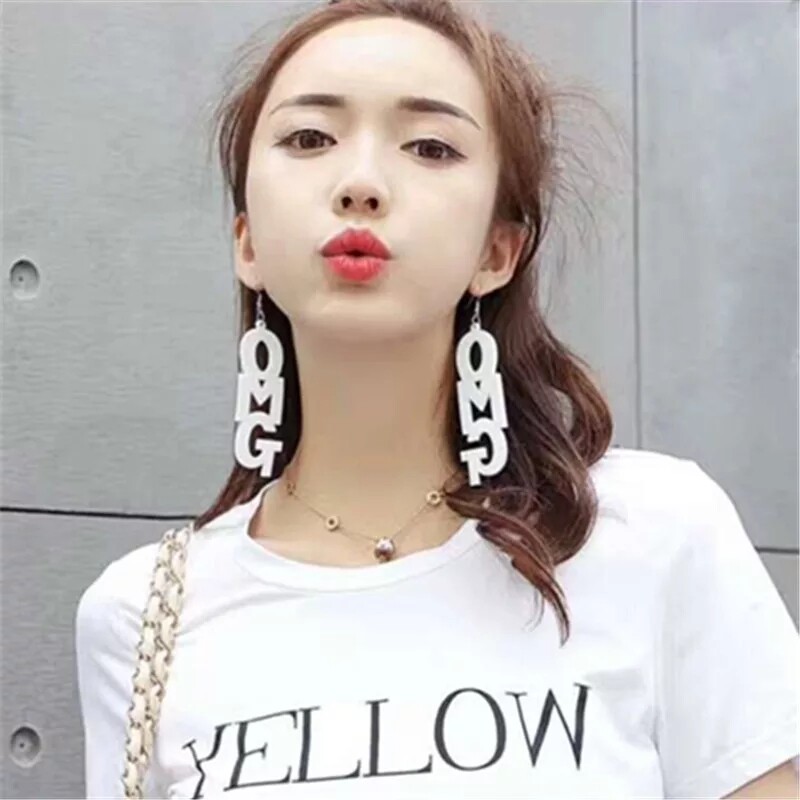 Korean personality exaggerated white letter earrings long version Japanese and Korean fashion all-match street shooting holiday earrings nightclub earrings