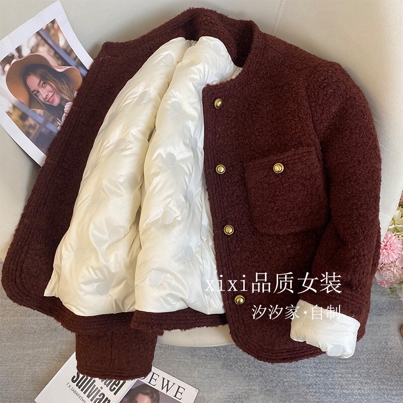 Tweed Style down Jacket for Women, Winter 2025 New High-End Looped Lamb Wool Goose down Lining Woolen Short Coat