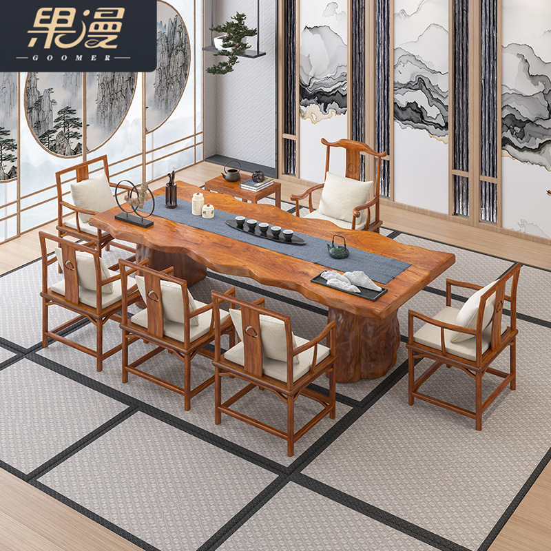 New Chinese style tea table and chair combination Zen office simple modern tea making table solid wood tea room furniture large board tea table