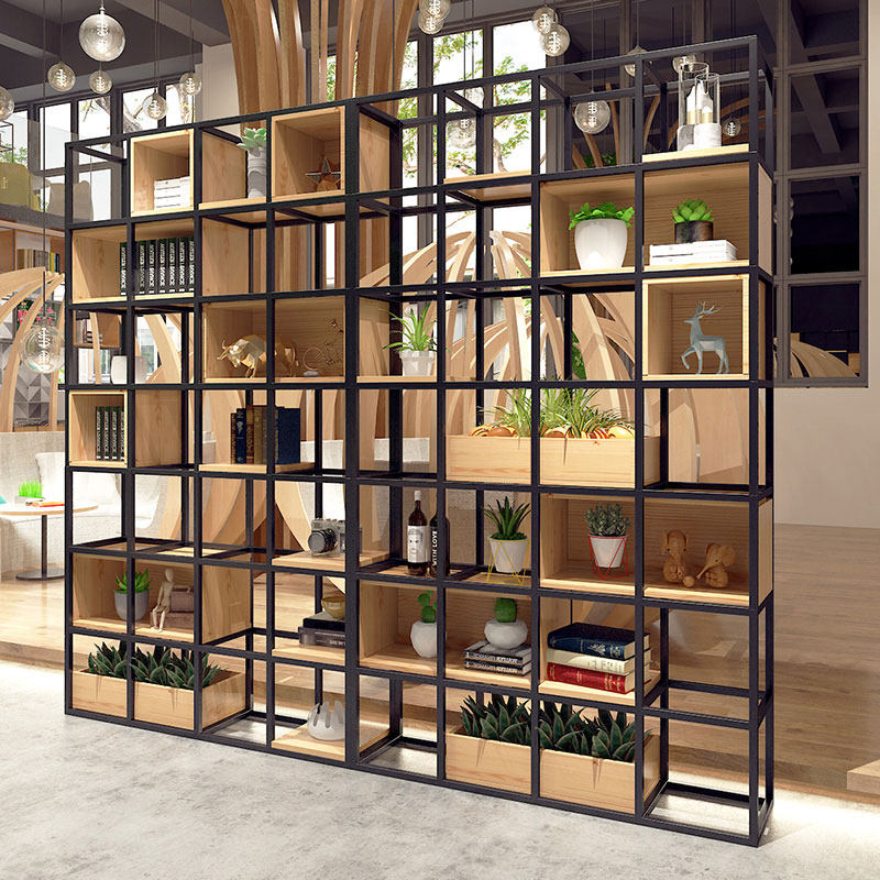 Iron Art Partition Shelve Screen Floor Bookcase Shelves Landing Solid Wood Living Room Office Multifunction