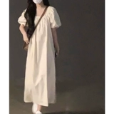 Белое летнее платье, длинная юбка, квадратный вырез, французский стиль, подходит для подростков, рукава фонарики