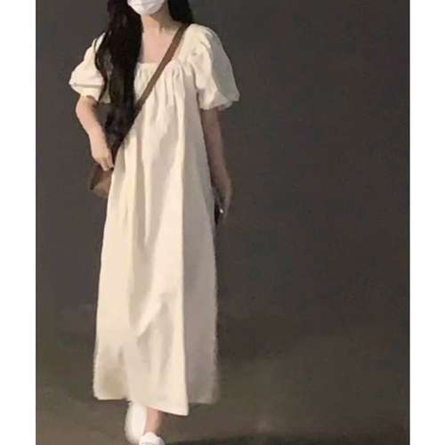 Белое летнее платье, длинная юбка, квадратный вырез, французский стиль, подходит для подростков, рукава фонарики