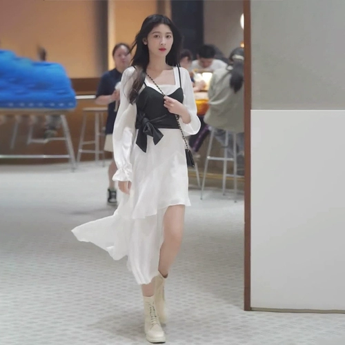 Белое платье, комплект, осенняя длинная юбка, эффект подтяжки, французский стиль