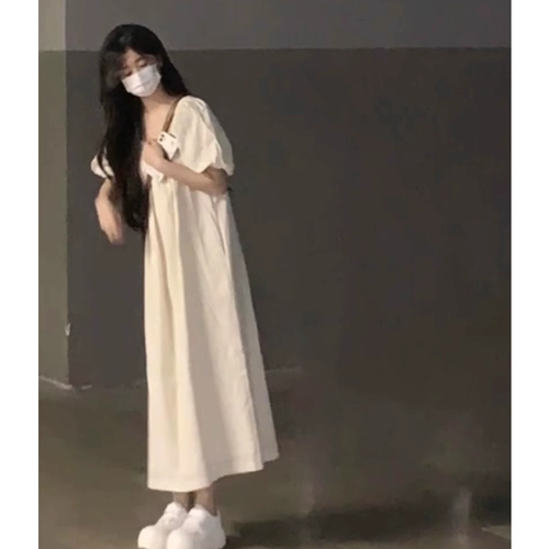 Белое летнее платье, длинная юбка, квадратный вырез, французский стиль, подходит для подростков, рукава фонарики