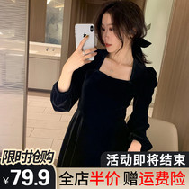 Autumn and winter 2021 New French temperament womens Hepburn style black gold velvet jumpsuit dress womens thin