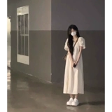 Белое летнее платье, длинная юбка, квадратный вырез, французский стиль, подходит для подростков, рукава фонарики