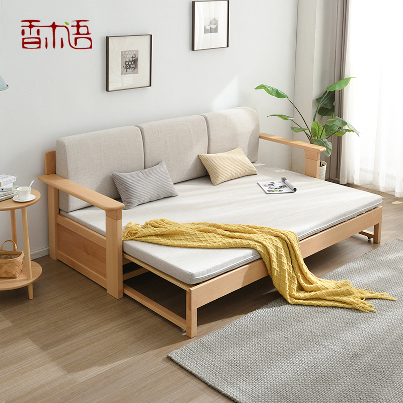 Full solid wood sofa bed Soft Pack cushion Folding Sofa Nordic Minima Small Household Type Imported Beech Wood Multifunction Furniture