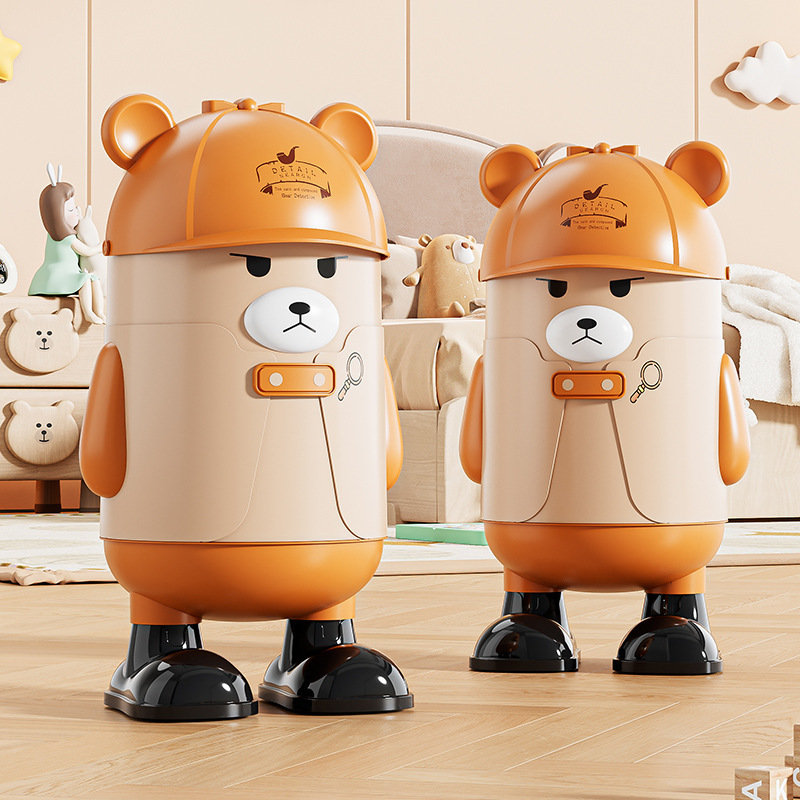 Flip-Top Trash Can for Home Use, High Aesthetic Detective Bear Trash Storage Bin, Cartoon Style for Living Room, Bedroom, Bathroom Wastebasket Flip-Top Trash Can for Home Use, High Aesthetic Detective Bear Trash Storage Bin, Cartoon Style for Living Room, Bedroom, Bathroom Wastebasket