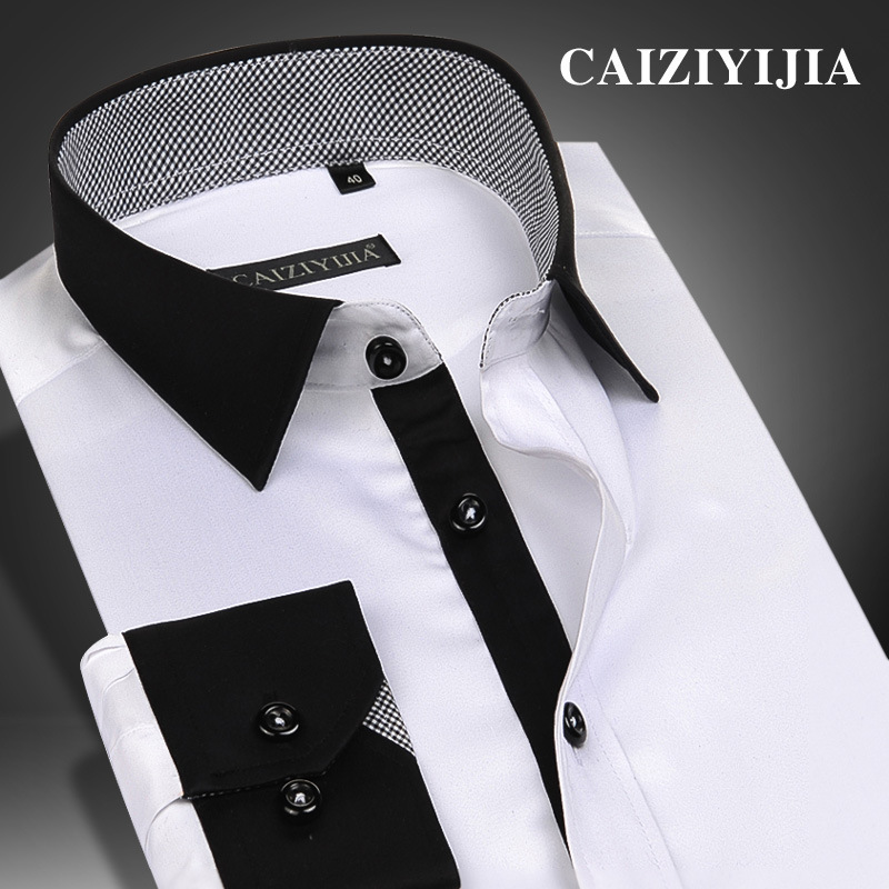 Autumn Young Men's Mercerized Cotton White-Collar Men's Long-Sleeved Shirt Korean Style Slim Fit Contrasting Color Double-Collar Casual Shirt