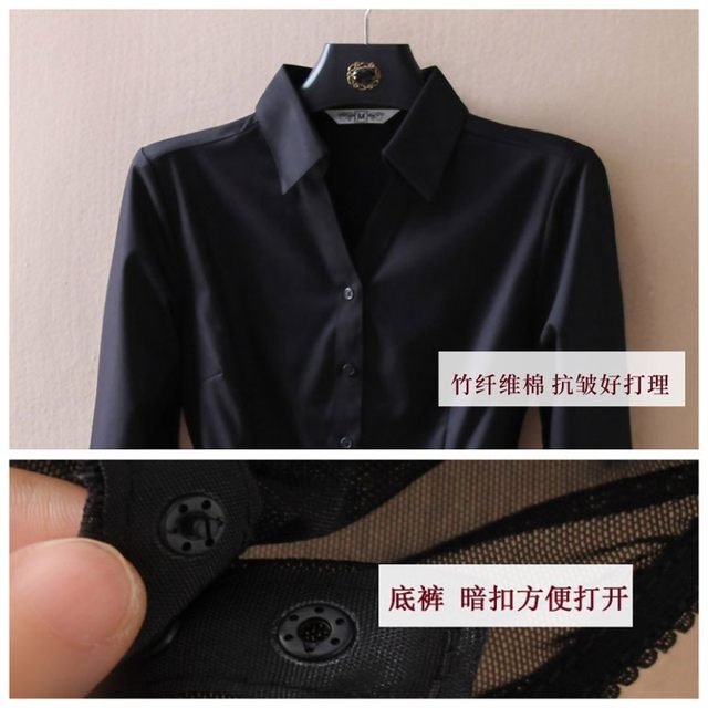 Black shirt women's spring and autumn long-sleeved 2023 new temperament thin waist cotton material professional wear one-piece shirt women