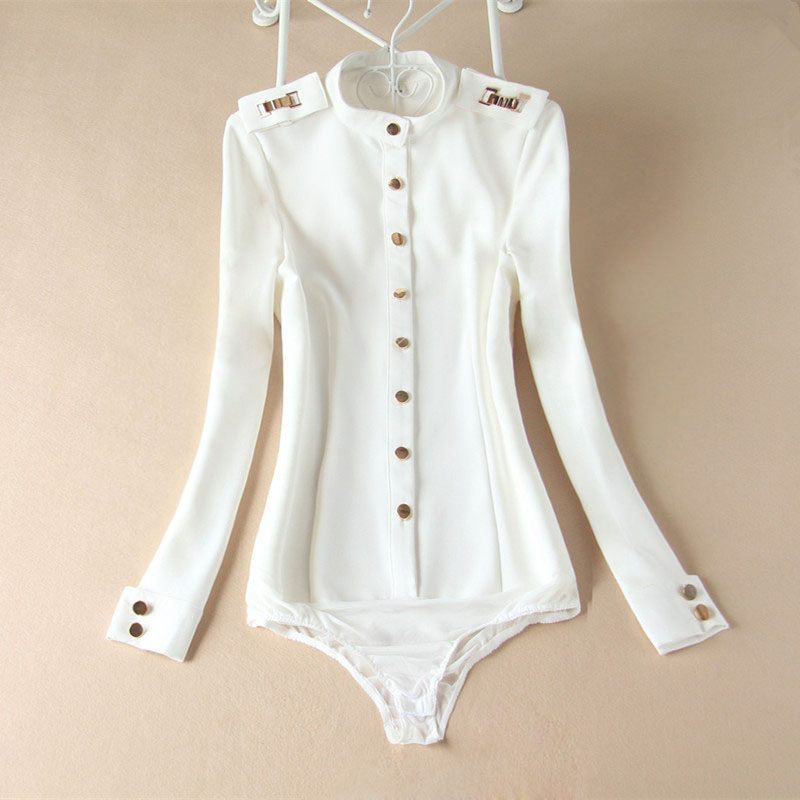 2023 Spring/Autumn New Style Stand Collar Metal Epaulette Jumpsuit Shirt Women's Slim Fit Elegant White Long Sleeve Jacket Top