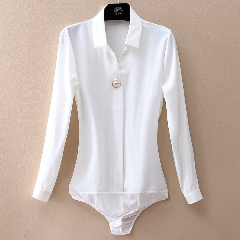 Women's white chiffon blouse, 2023 spring and autumn new style, professional long-sleeved top, V-neck workwear jumpsuit blouse, women's trousers with crotch.