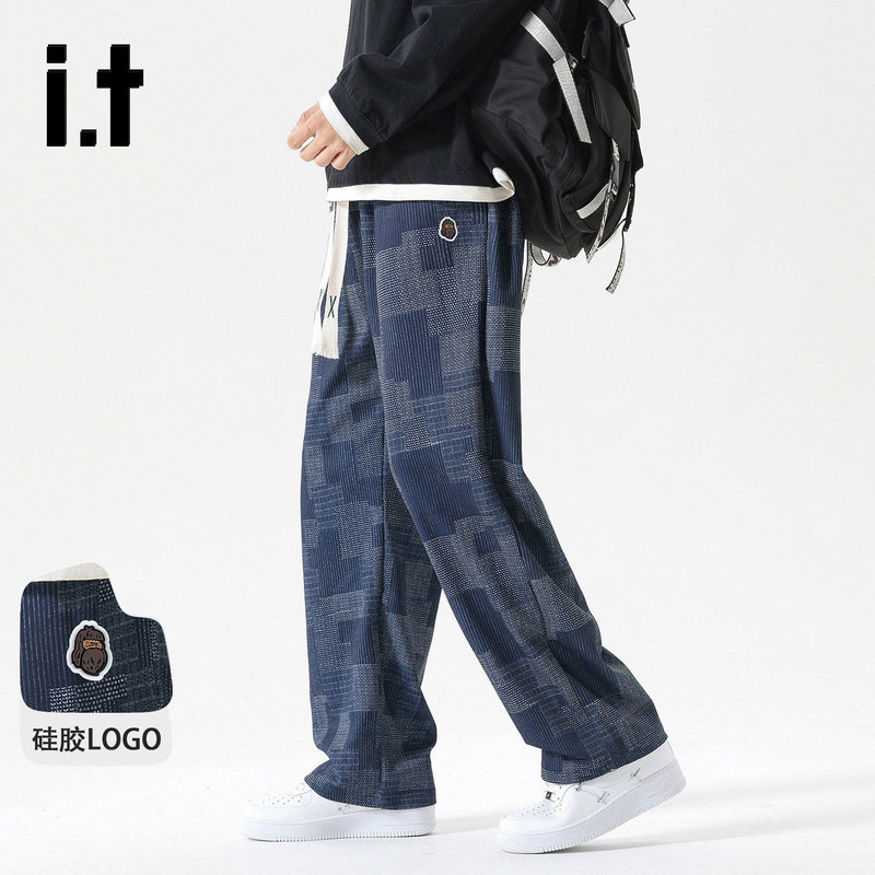 It Fingercroxx Spring and Autumn Sweatpants with Contrasting Plaid Stripes, Straight-Leg Pants, Loose Casual Pants, Men's Pants It Fingercroxx Spring and Autumn Sweatpants with Contrasting Plaid Stripes, Straight-Leg Pants, Loose Casual Pants, Men's Pants
