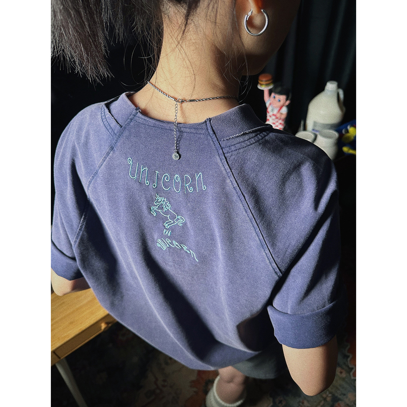 Pii Unicorn Blue Unicorn Embroidery Distressed Vintage Wash Blue American Style T-Shirt