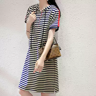 Striped T-shirt women's short-sleeved 2021 new sports high street casual loose thin round neck pullover hooded dress