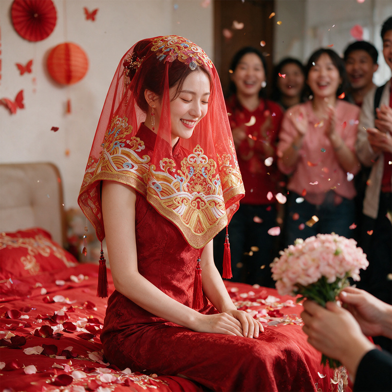 New Chinese-Style Mesh Red Veil for Bride, Breathable Modesty Veil for Traditional Wedding, Festive Red Head Covering for Women New Chinese-Style Mesh Red Veil for Bride, Breathable Modesty Veil for Traditional Wedding, Festive Red Head Covering for Women