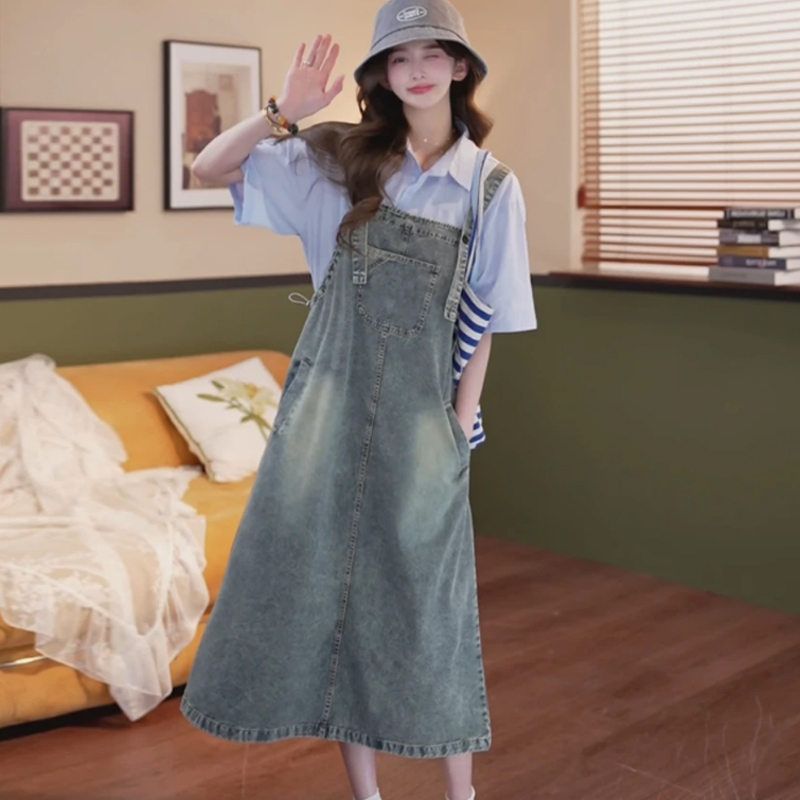 Plus-Size Slit Denim 2025 Summer Thin Strap New Style Dress for Women, Loose, Age-Reducing, Mid-Length, Slimming Dress Plus-Size Slit Denim 2025 Summer Thin Strap New Style Dress for Women, Loose, Age-Reducing, Mid-Length, Slimming Dress