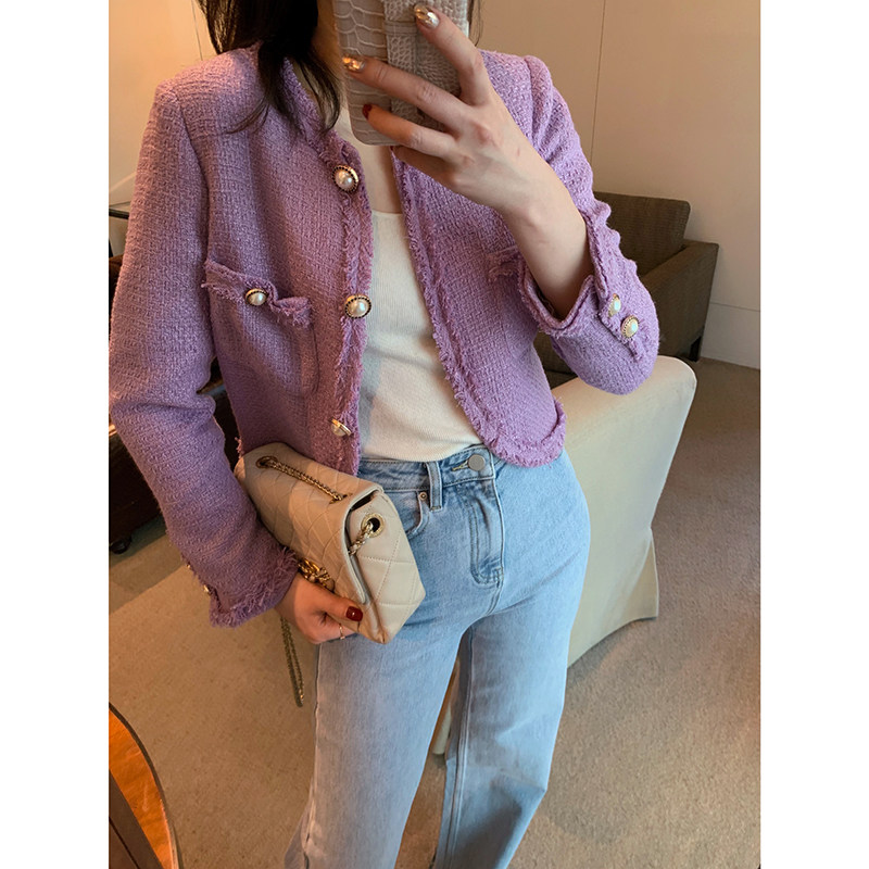 lowey Violetta violet pearl buckle small fragrance short coat fine woolen short coat