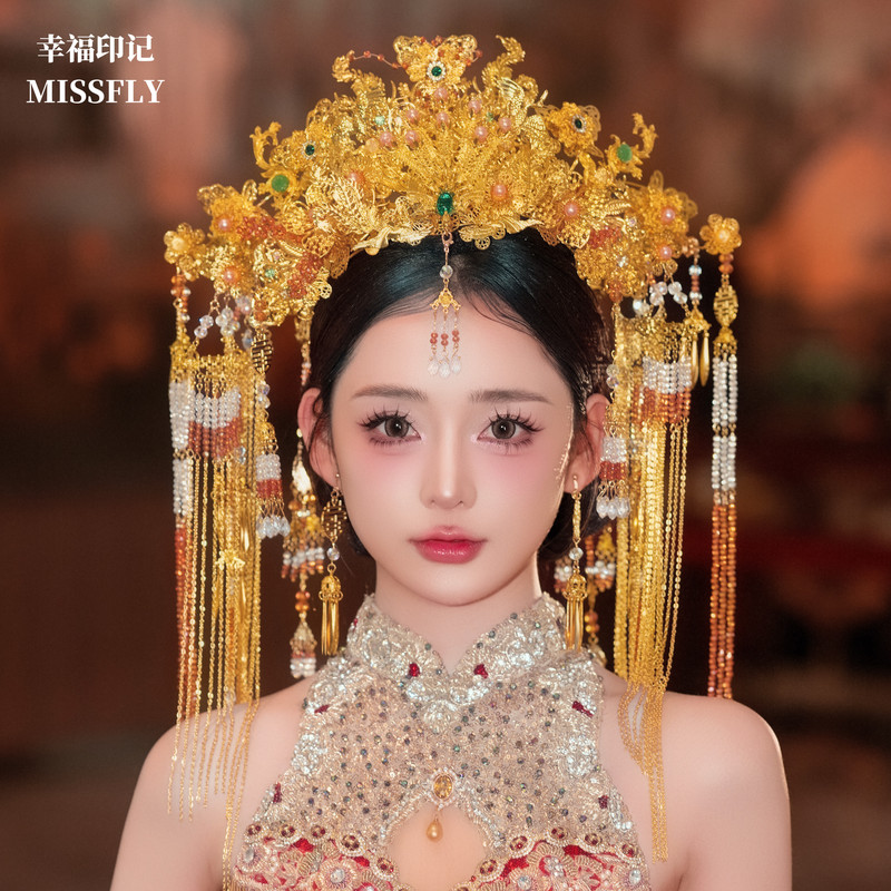 Golden Luxurious Double Happiness Character Large Phoenix Crown, Chinese Style Hanfu Wedding Accessories, Xiuhe Dragon and Phoenix Gown Headpiece Golden Luxurious Double Happiness Character Large Phoenix Crown, Chinese Style Hanfu Wedding Accessories, Xiuhe Dragon and Phoenix Gown Headpiece