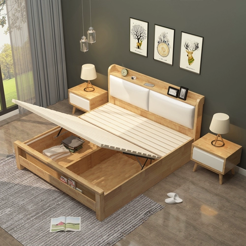 Nordic All -Solid деревянная кроватя Log Простые и современные 1,5 метра 1,8 двойная кровать для хранения главная спальня главная спальня