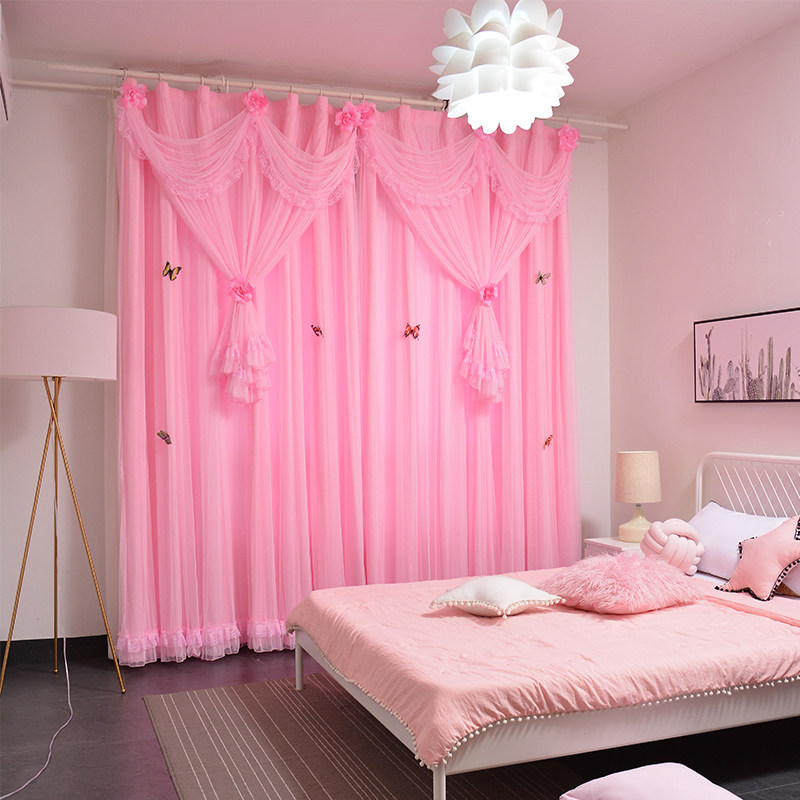 Brief New Shading Curtains Ins Nets Red Teenage Girl Princess Wind Pink Living Room Bedroom Floating Window Finished Lace Curtain-Taobao