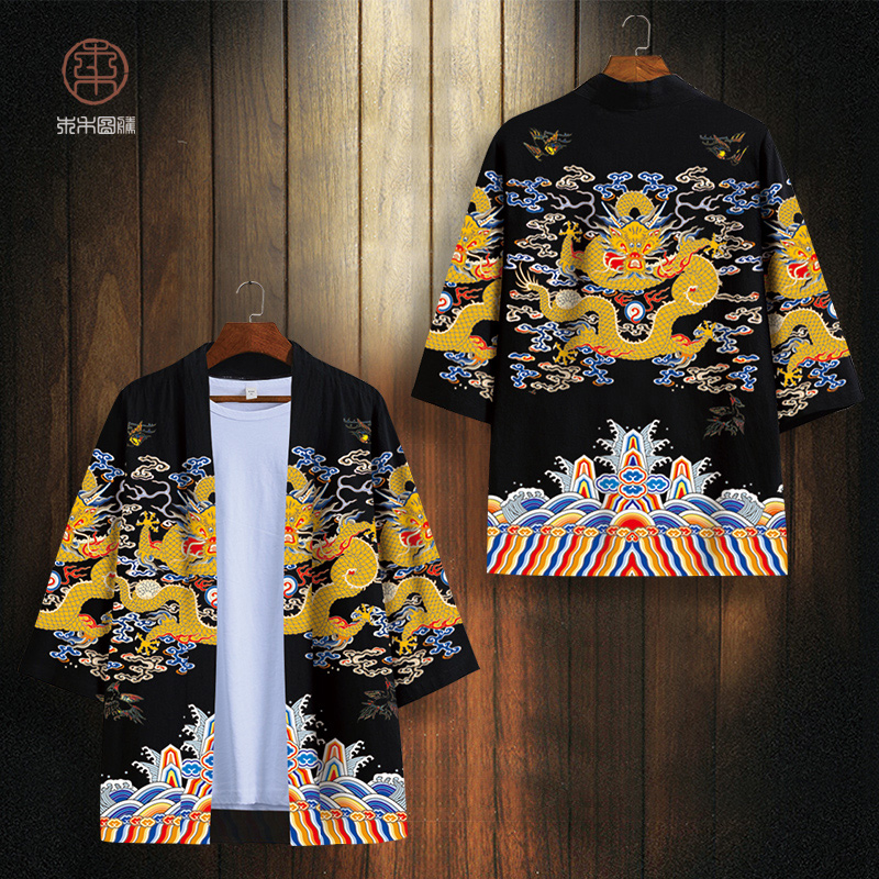 gió của Trung Quốc retro áo vàng nam áo choàng rồng thiết cổ đường gió áo Han váy quần áo hoàng đế và kimono quần áo hiệu suất