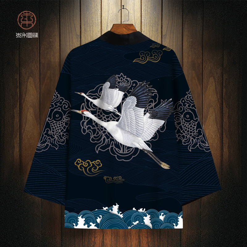 Summer Coat for Men, Ming-Style Hanfu, Chinese Style, Crane Print, Taoist Robe, Japanese-Style Cardigan, Kimono, Ancient Costume, Cape, Shirt Summer Coat for Men, Ming-Style Hanfu, Chinese Style, Crane Print, Taoist Robe, Japanese-Style Cardigan, Kimono, Ancient Costume, Cape, Shirt