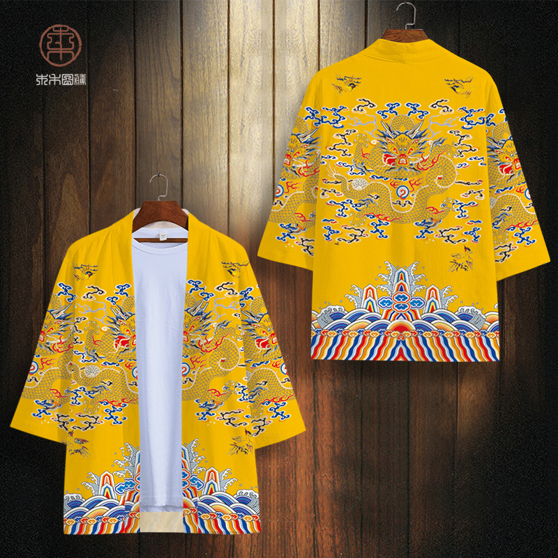 gió của Trung Quốc retro áo vàng nam áo choàng rồng thiết cổ đường gió áo Han váy quần áo hoàng đế và kimono quần áo hiệu suất