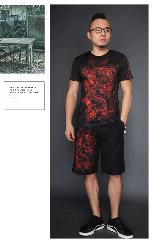 Trung quốc mực phong cách khói Trung Quốc rồng totem in ấn ngắn tay T-Shirt mùa hè kích thước lớn nam rồng nửa tay áo triều của nam giới quần áo áo phông nam tay ngắn cổ trụ