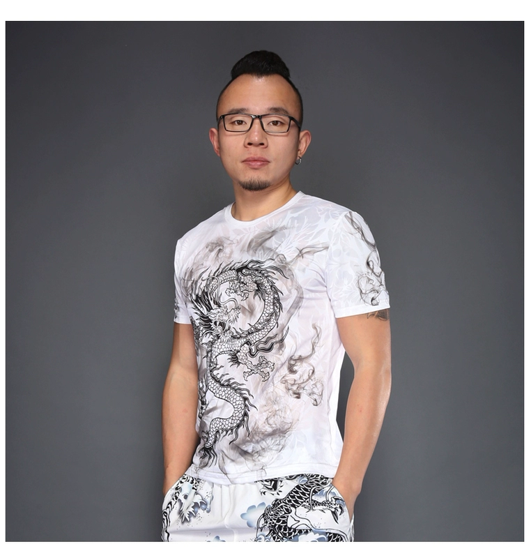 Trung quốc mực phong cách khói Trung Quốc rồng totem in ấn ngắn tay T-Shirt mùa hè kích thước lớn nam rồng nửa tay áo triều của nam giới quần áo