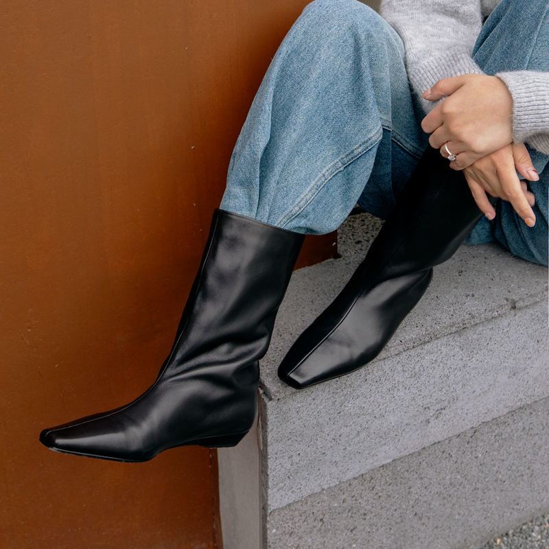 Minimalist and Unique! Super Soft Genuine Leather Square Toe Wedge Heel Wide Calf Flat Mid-Calf Chelsea Boots Minimalist and Unique! Super Soft Genuine Leather Square Toe Wedge Heel Wide Calf Flat Mid-Calf Chelsea Boots