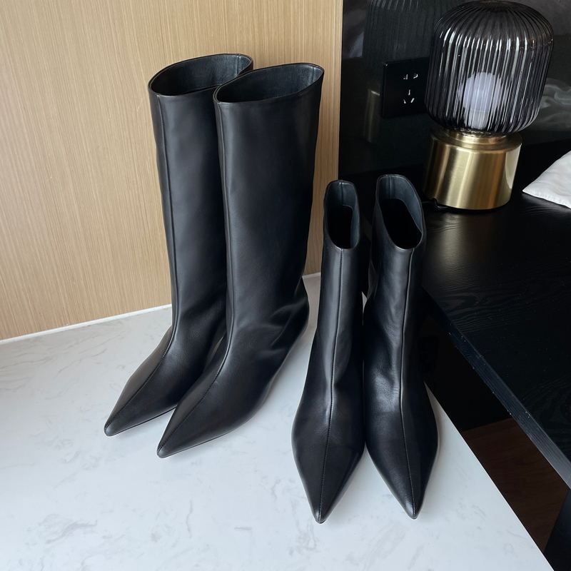 Super Soft! First Layer Cowhide Black Kitten Heel Tall Boots, Straight Wide Calf Boots, Kitten Heel Long Boots for Women