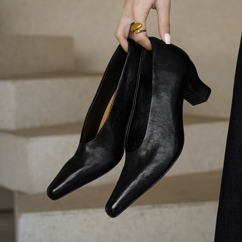 Handmade Premium Washed Horse Leather~! French Pointed Toe Chunky Heel Witch High Heels Slip-On Retro High Heels