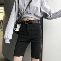 European version 2021 summer new black denim shorts female slimming raw edge elastic tight pants riding five-point pants