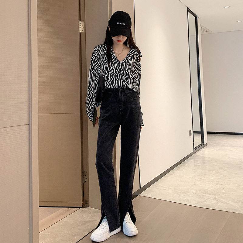 Korean slit slightly flared jeans women's spring and summer new products 2021 high waist slimming drape wide leg mopping flared pants