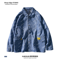 Japanese retro denim jacket Mens spring and autumn loose tooling jacket student tide brand full printing long-sleeved outer shirt