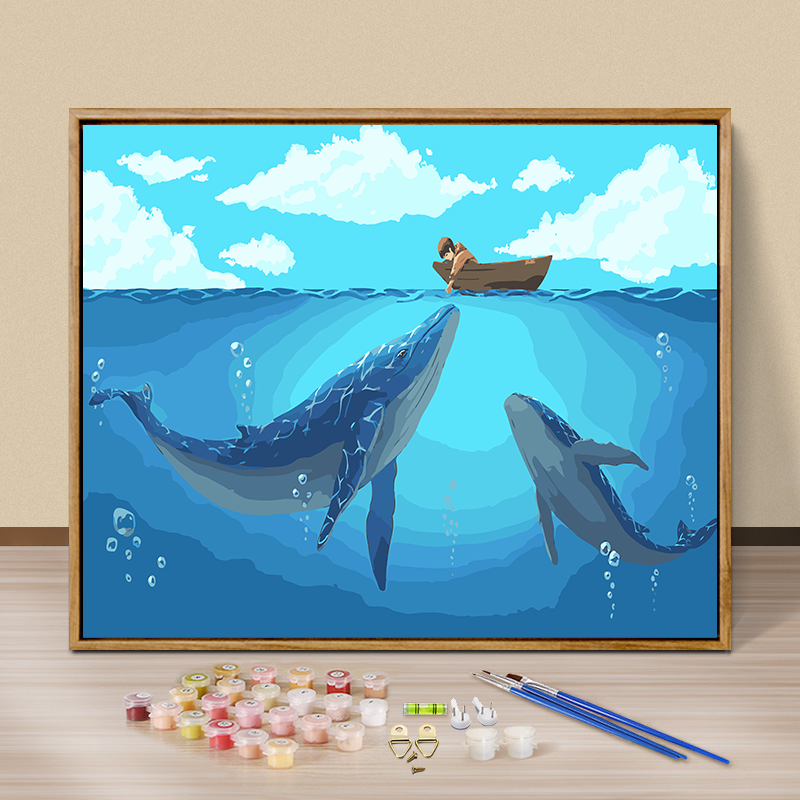 diy digital oil painting oil color painting cartoon crossfill color painting hand-painted digital painting living room bedroom decoration painting whale
