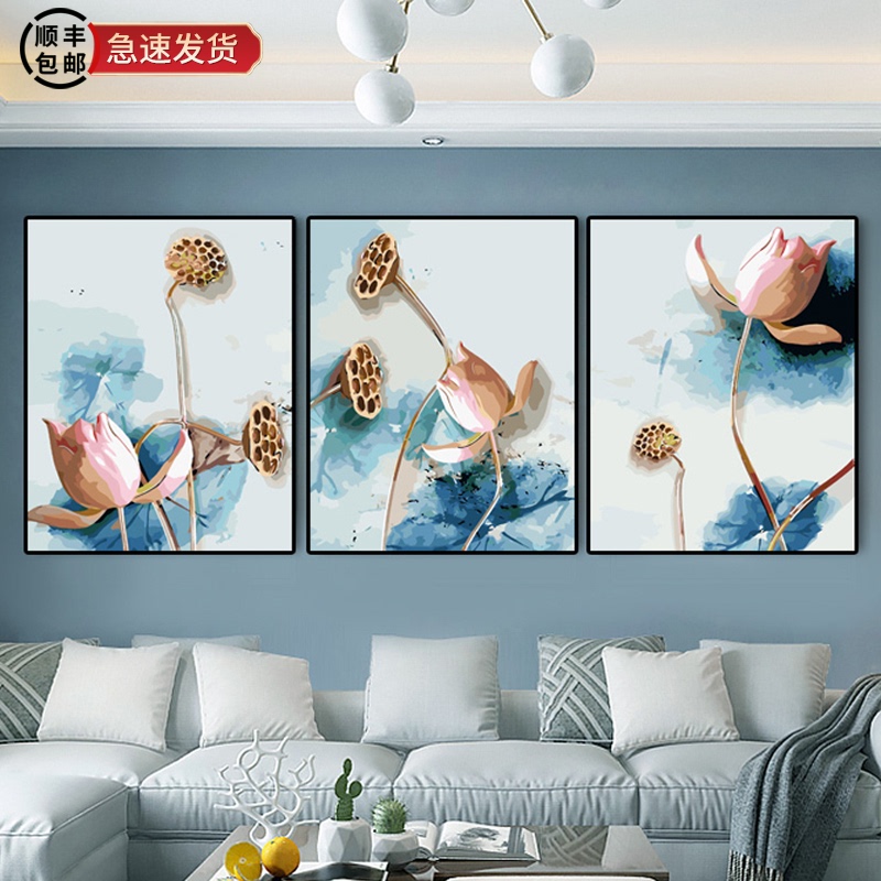 Digital oil painting DIY oil painting triptych three-piece painting Manual decompression coloring painting Living room bedroom landscape decoration painting